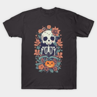 A Skeleton standing in front of flowers and a Halloween pumpkin beside it. T-Shirt